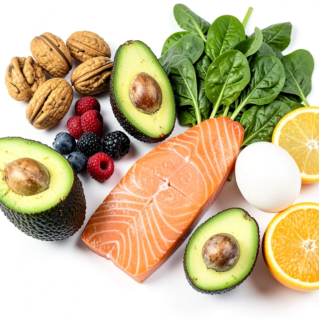 Assortment of fertility-enhancing foods including nuts, avocados, berries, greens, fish, and citrus
