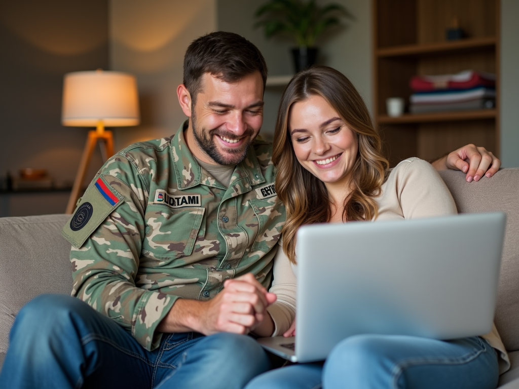 Military couple researching IVF together at home