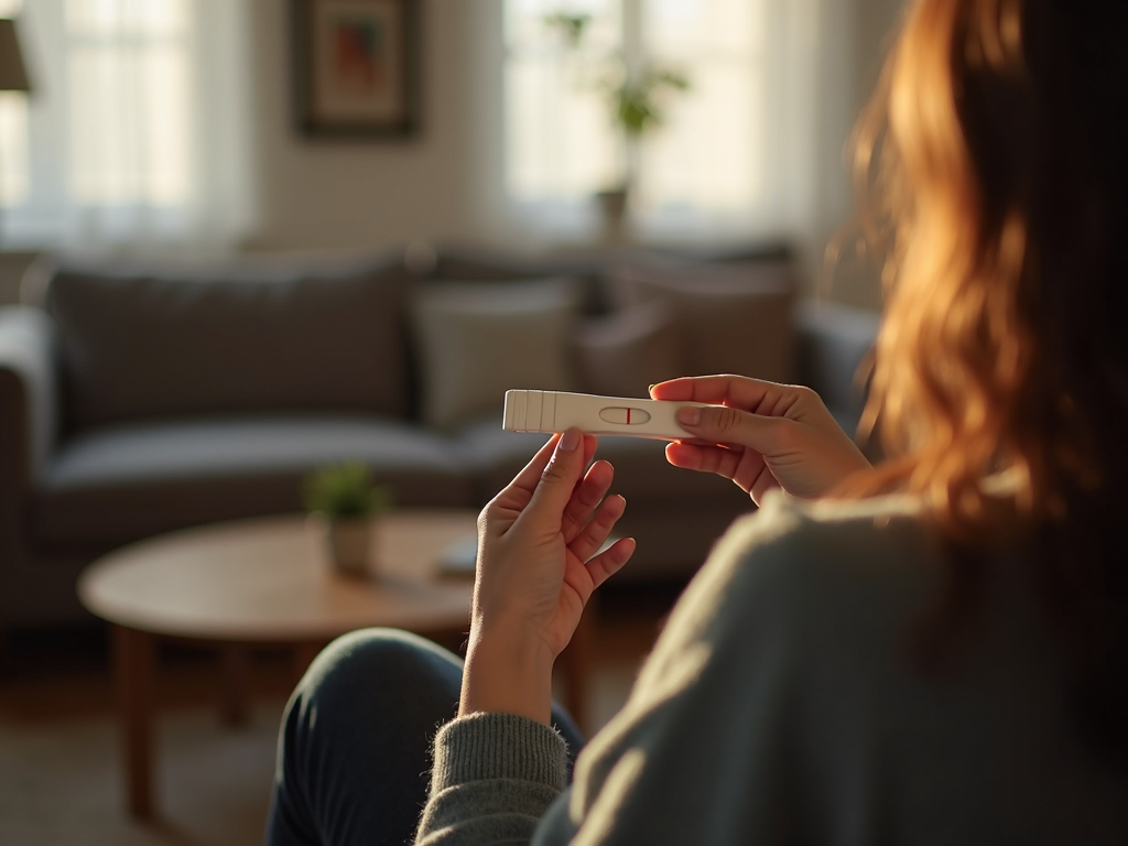 Person holding a negative pregnancy test in a quiet, softly lit room.