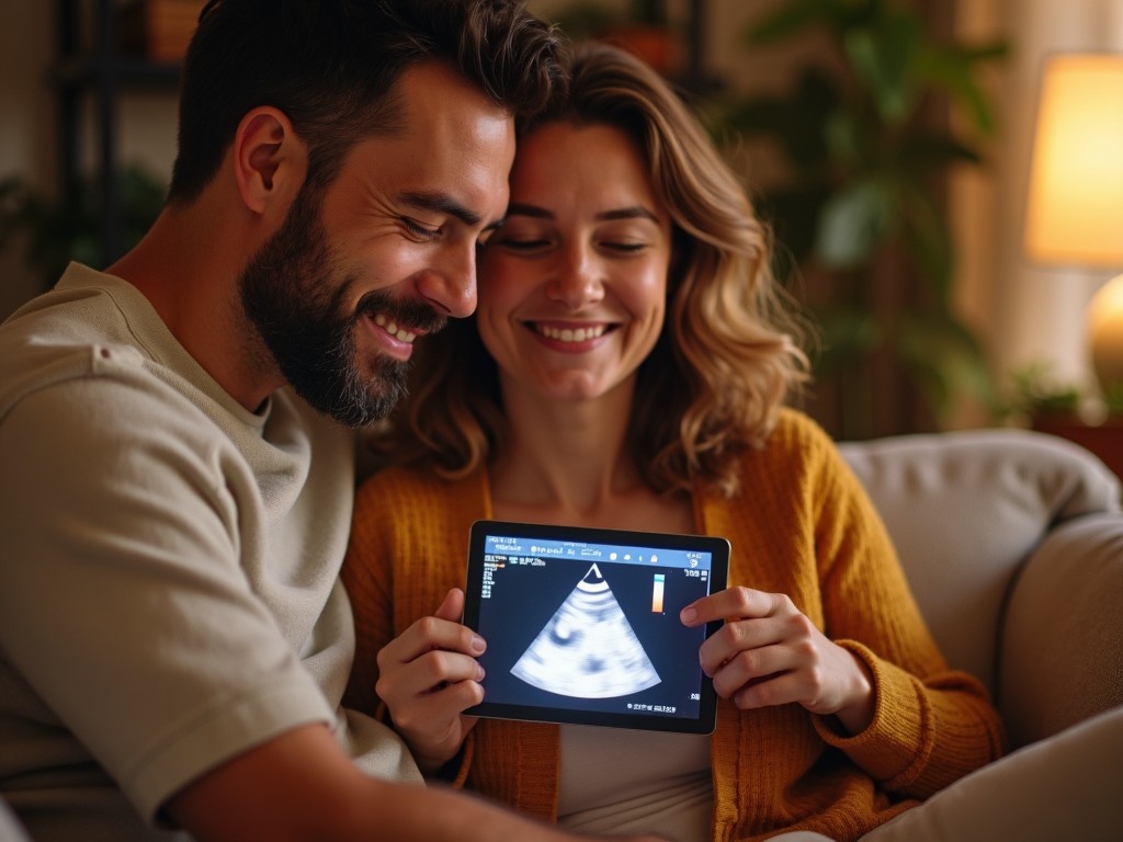 Couple joyfully looking at an ultrasound picture of their baby, symbolizing hope and success in fertility treatments.