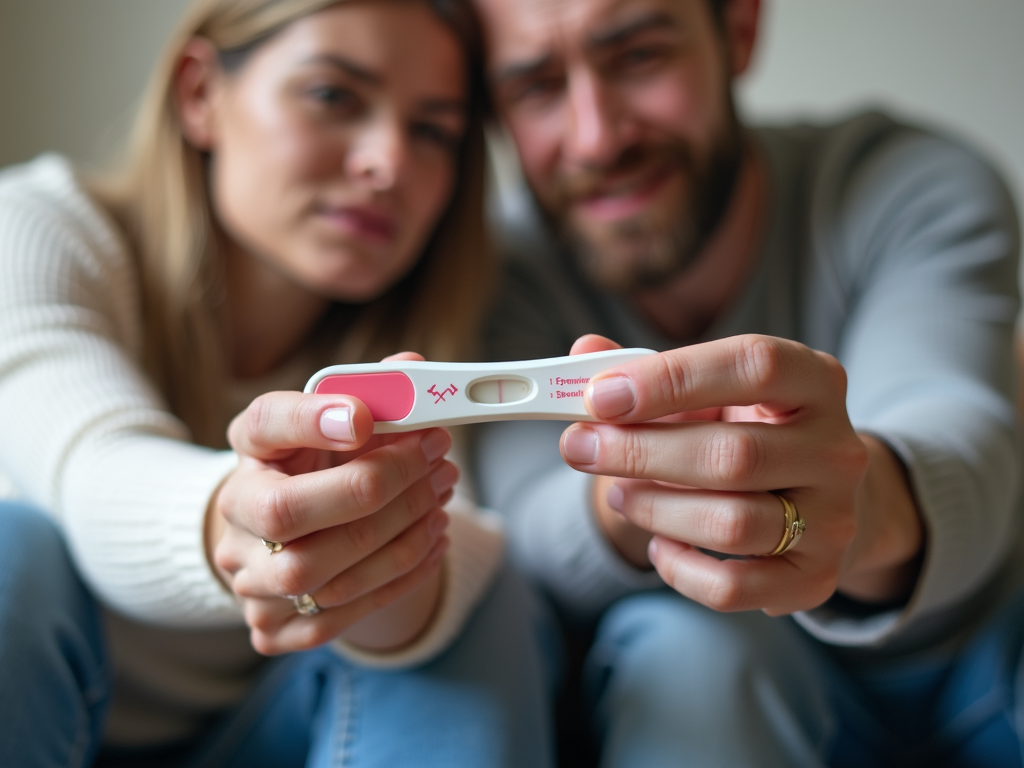 Couple dealing with infertility, looking at a negative pregnancy test.