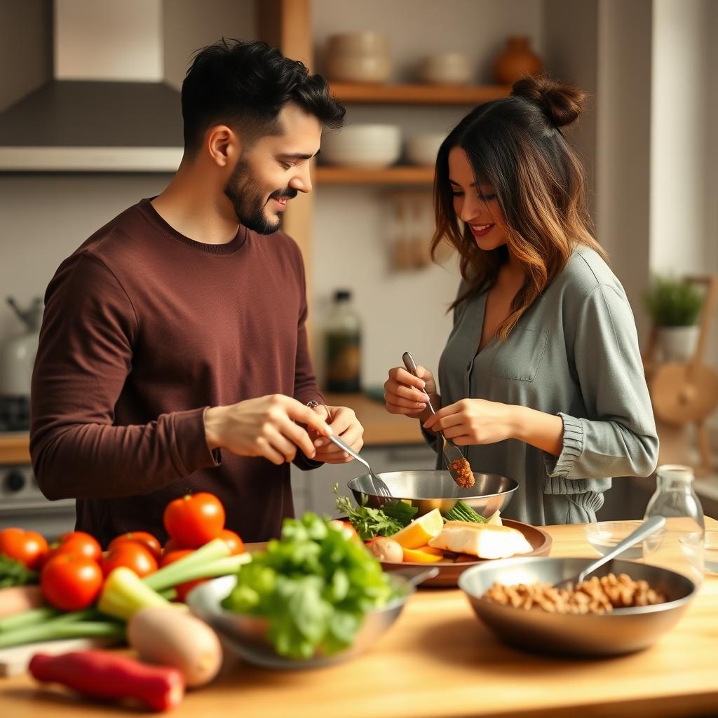 A couple preparing a healthy meal with fertility-boosting ingredients in a cozy kitchen.