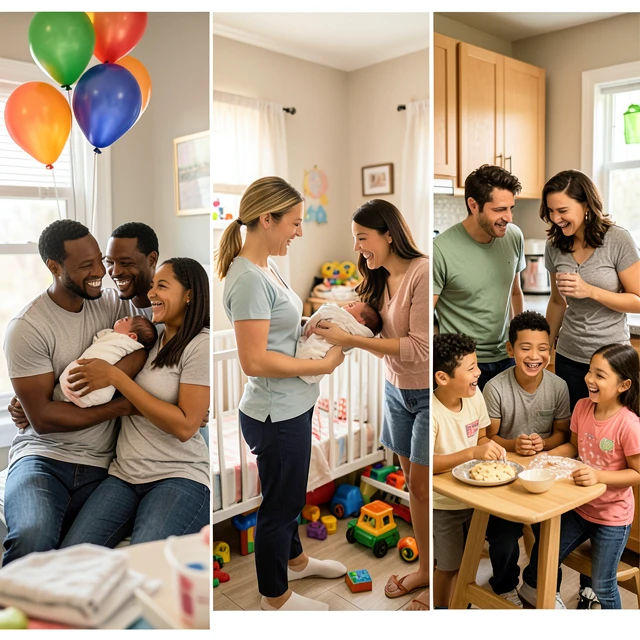Diverse families celebrating parenthood through adoption, surrogacy, and fostering
