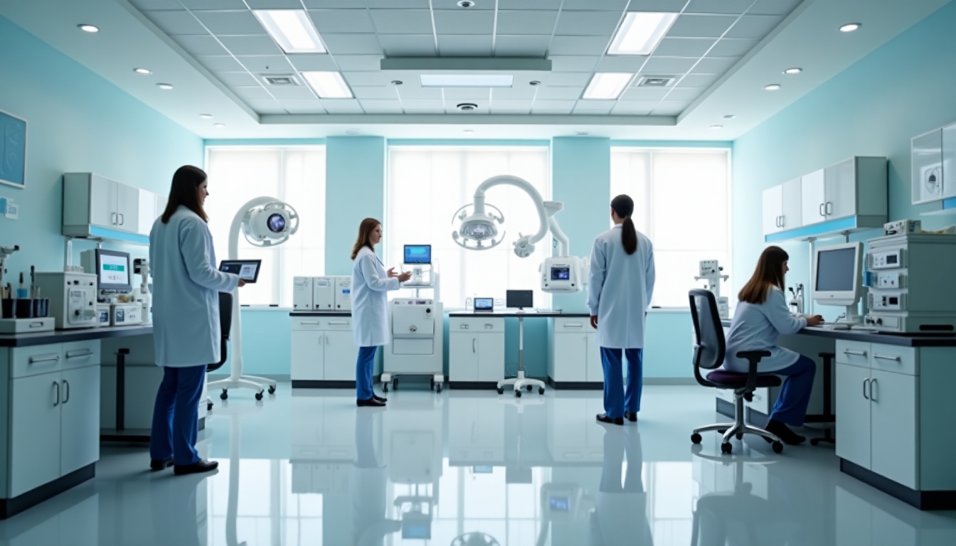 A fertility clinic laboratory with a focus on IVF equipment and staff.