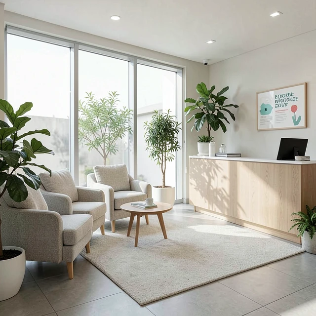 Welcoming fertility clinic waiting area designed for patient comfort and relaxation