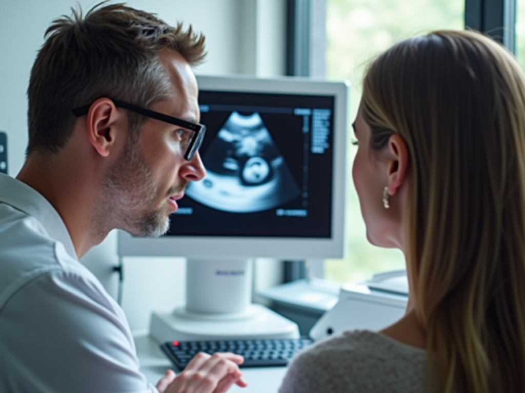 Fertility specialist and patient reviewing an ultrasound in a clinic.