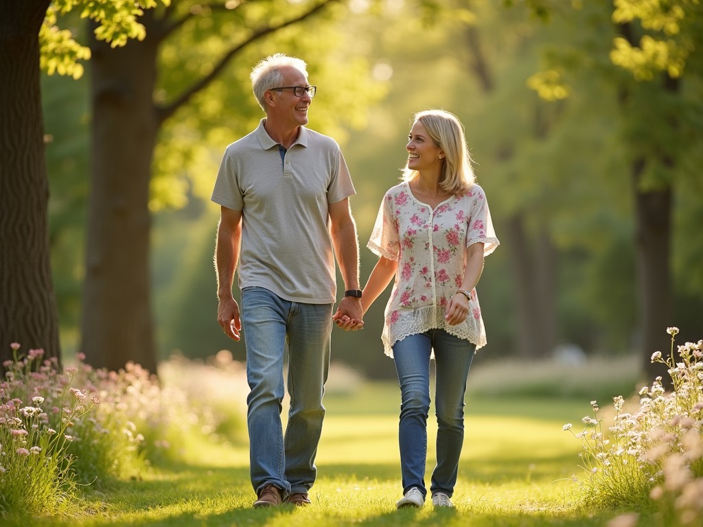 A couple holding hands while walking through a sunlit park, symbolizing support and hope.