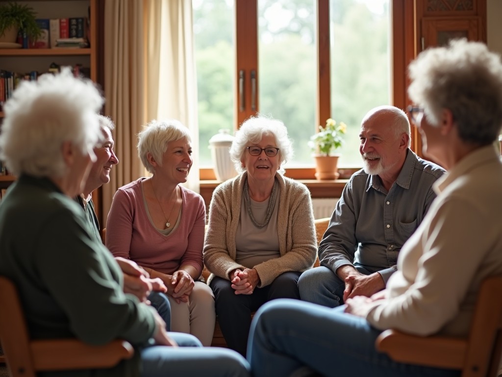 A group support meeting with older adults discussing personal challenges