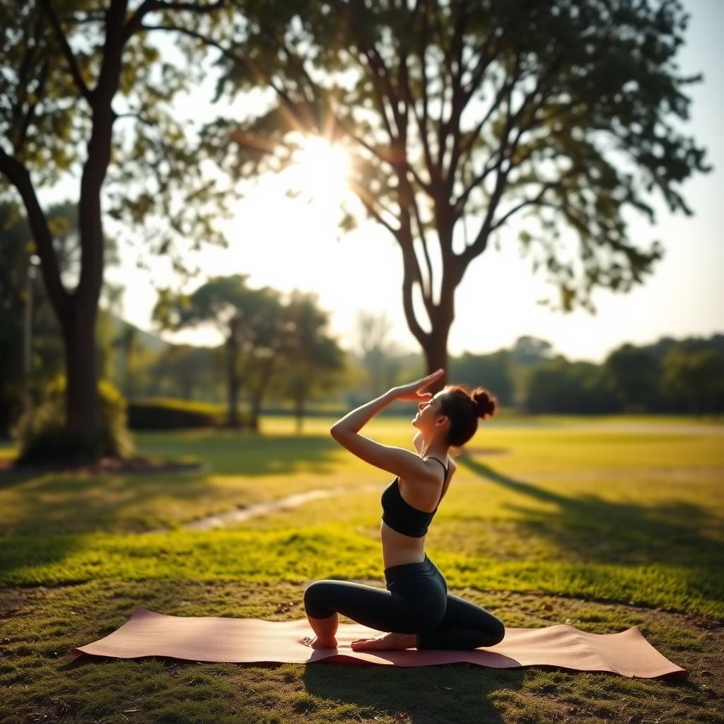 A person practicing yoga in a peaceful park, surrounded by greenery and sunlight.