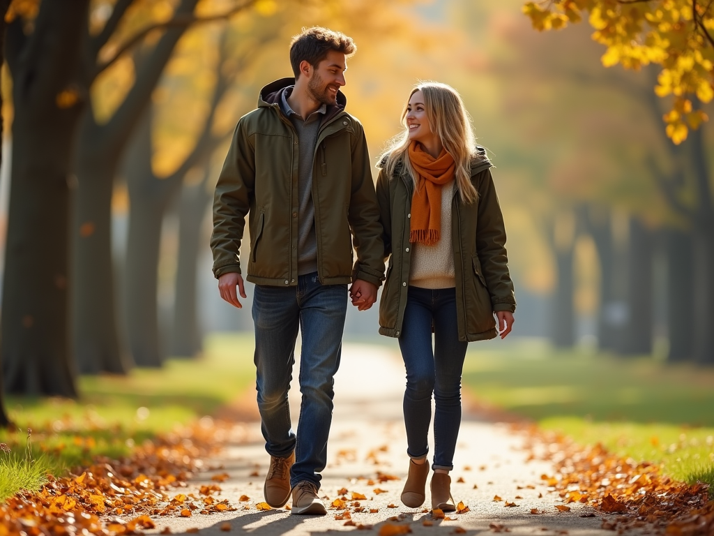Two people walking in a park, one listening as the other speaks.
