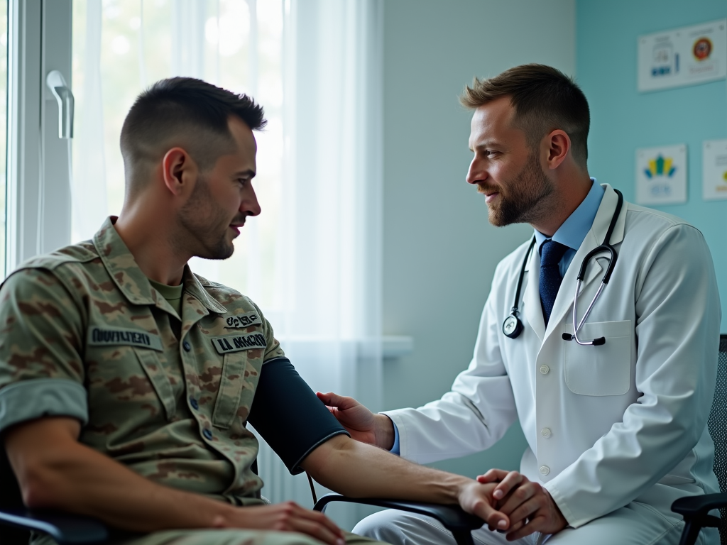 Military doctor examining a soldier.