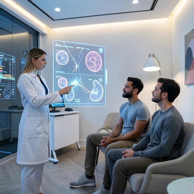 Doctor explaining latest AI fertility breakthroughs to a couple