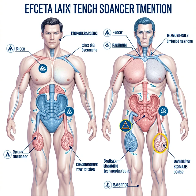 Medical diagram illustrating how cancer treatments affect male and female fertility
