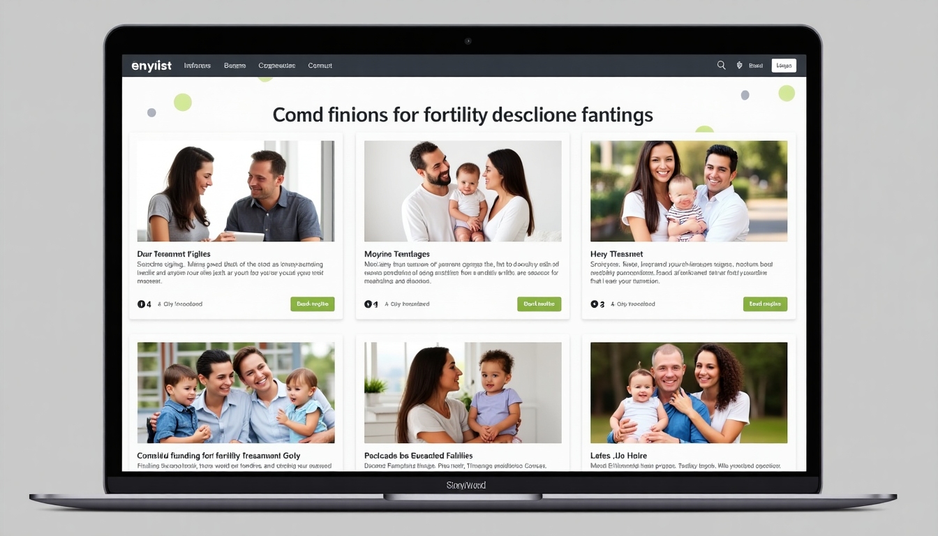 A digital interface showing various crowdfunding campaigns for supporting fertility treatments.