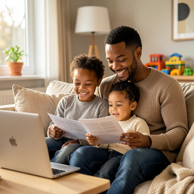 Young family reviewing estate planning documents together at home