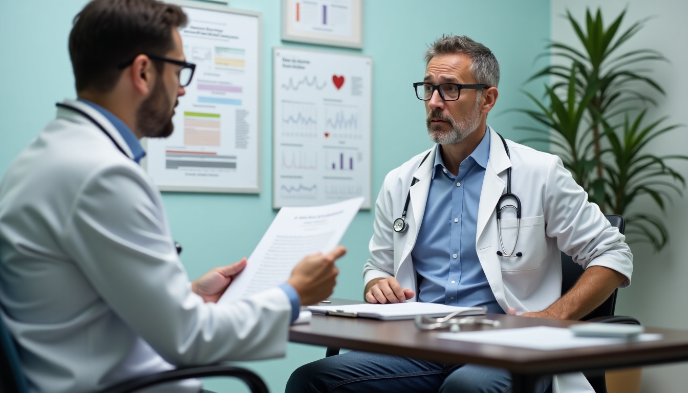 A stressed man at his doctor's office receiving test results.