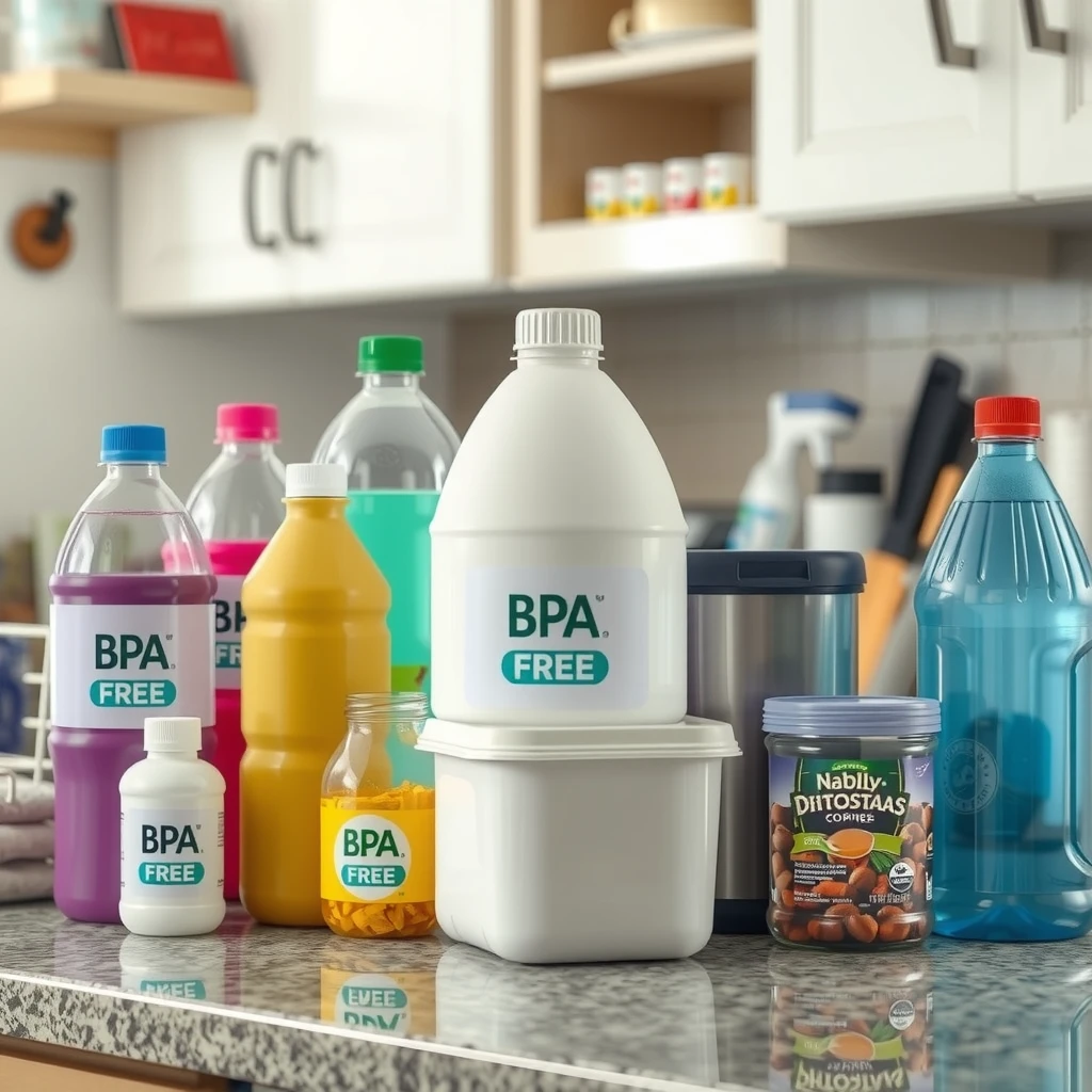 Plastic containers and bottles labeled BPA-free, highlighting endocrine disruptors in common household items