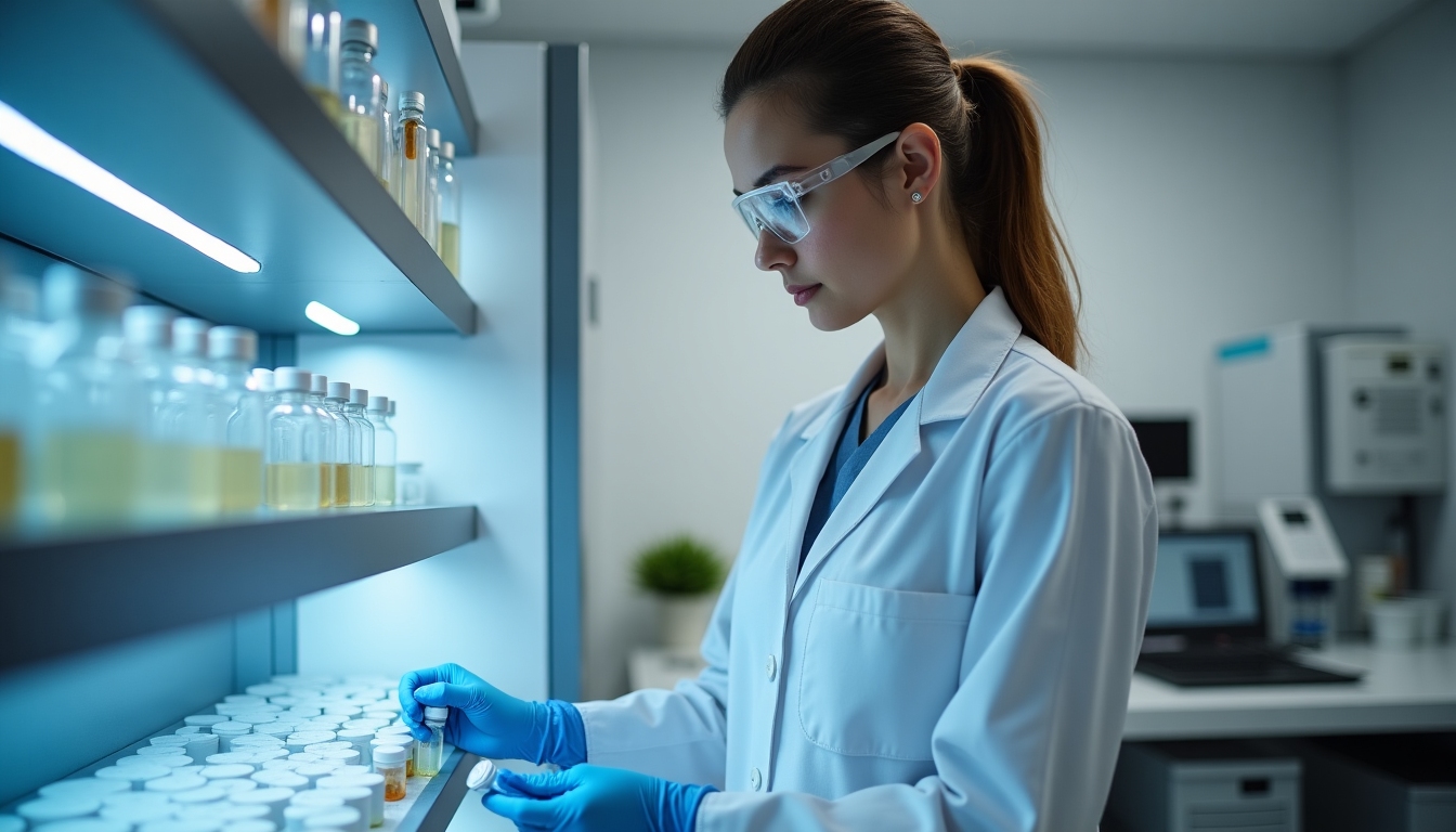A technician carefully handling a vial in a fertility lab.
