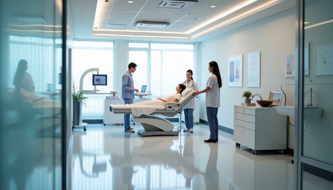 A fertility clinic with modern equipment like ultrasound machines and professional staff.
