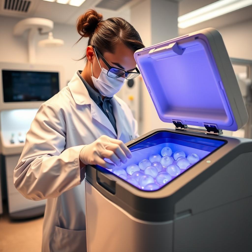 Scientist in a fertility clinic lab handling a cryopreservation tank