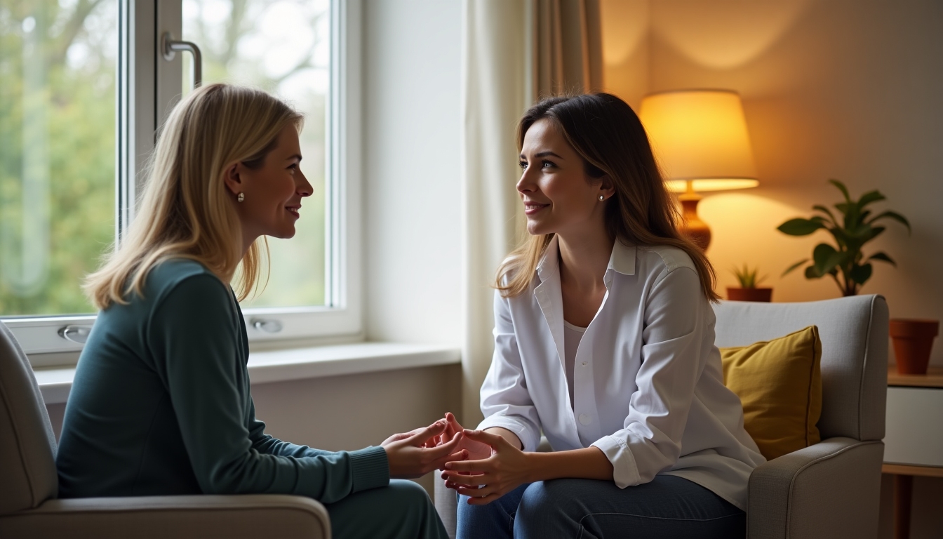 A supportive discussion between a patient and doctor in a comforting clinic setting.