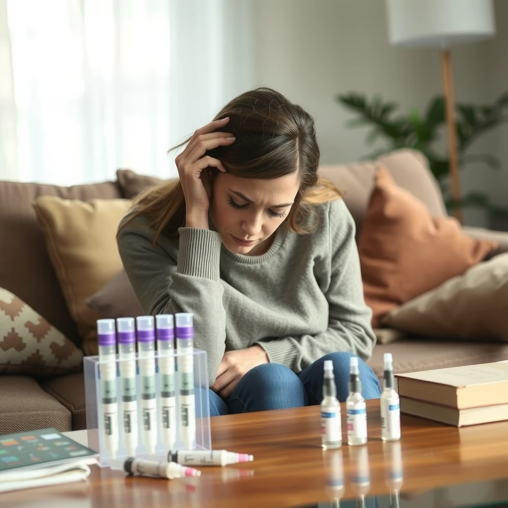 Woman experiencing fatigue from IVF medications resting at home with injection supplies nearby
