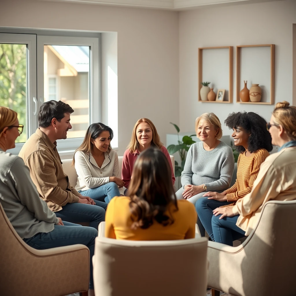 A diverse group of couples in a support circle, sharing empathetically during an infertility support group