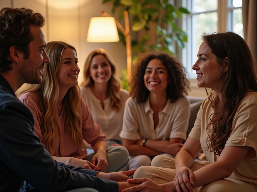A supportive group session of individuals sharing their experiences with IVF and PCOS.