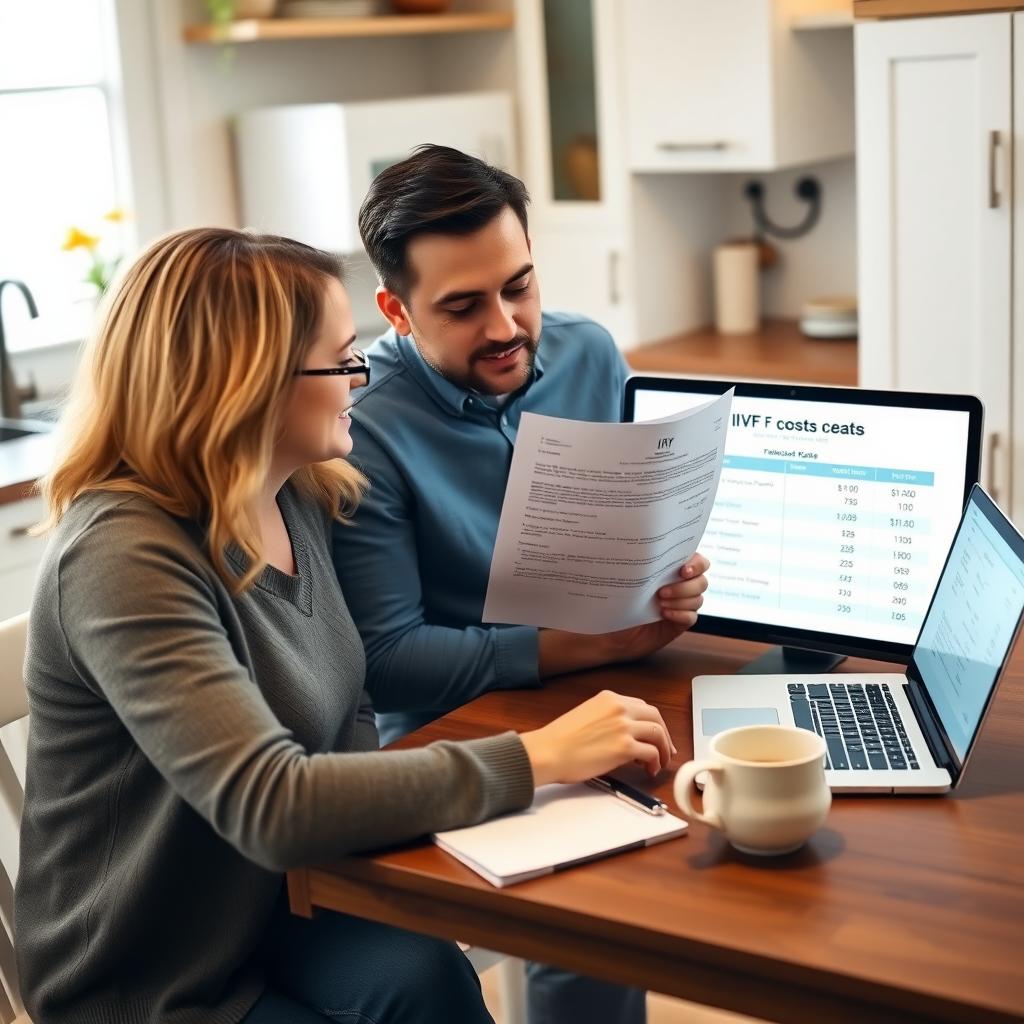 Couple reviewing IVF cost documents and financial options at home