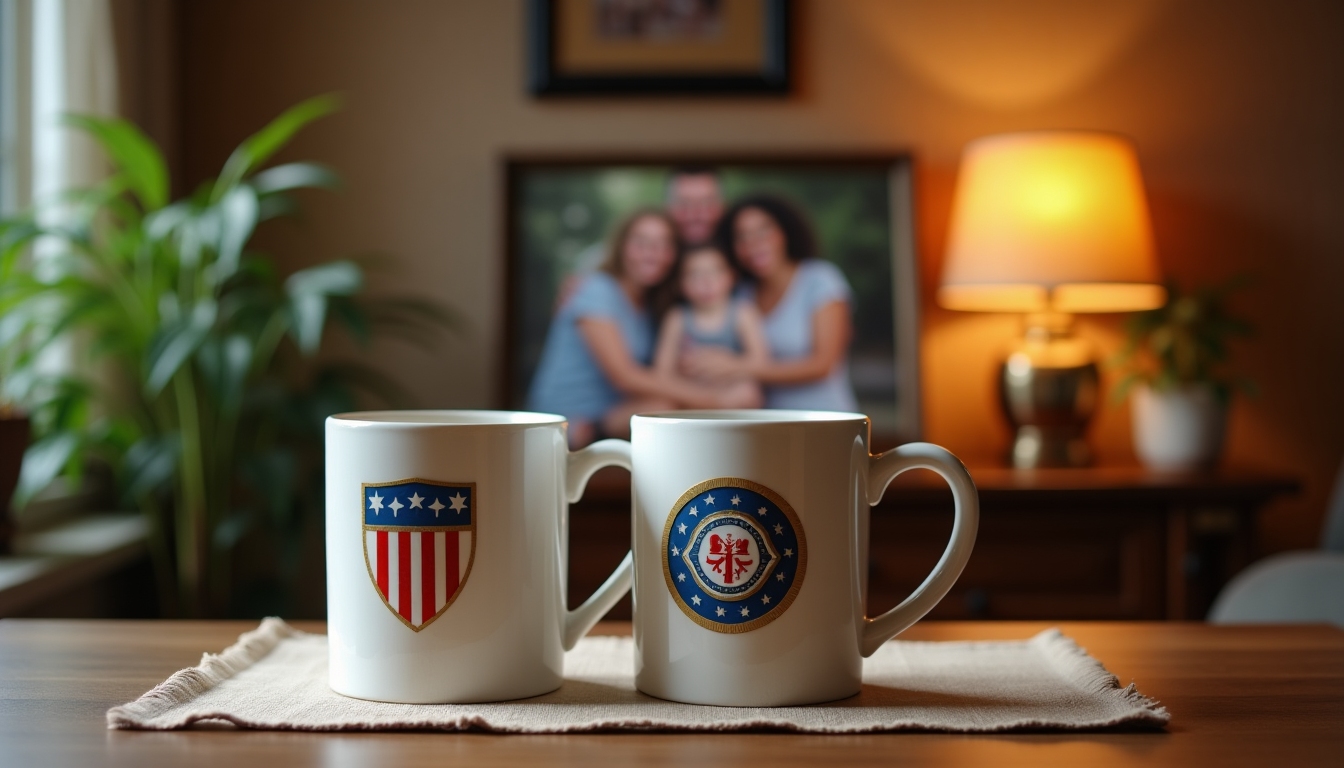 Coffee mugs with military insignia and family photo in the background, symbolizing military family support.