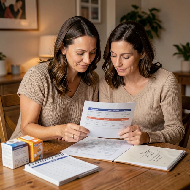 Couple collaboratively managing IVF medication schedule at home