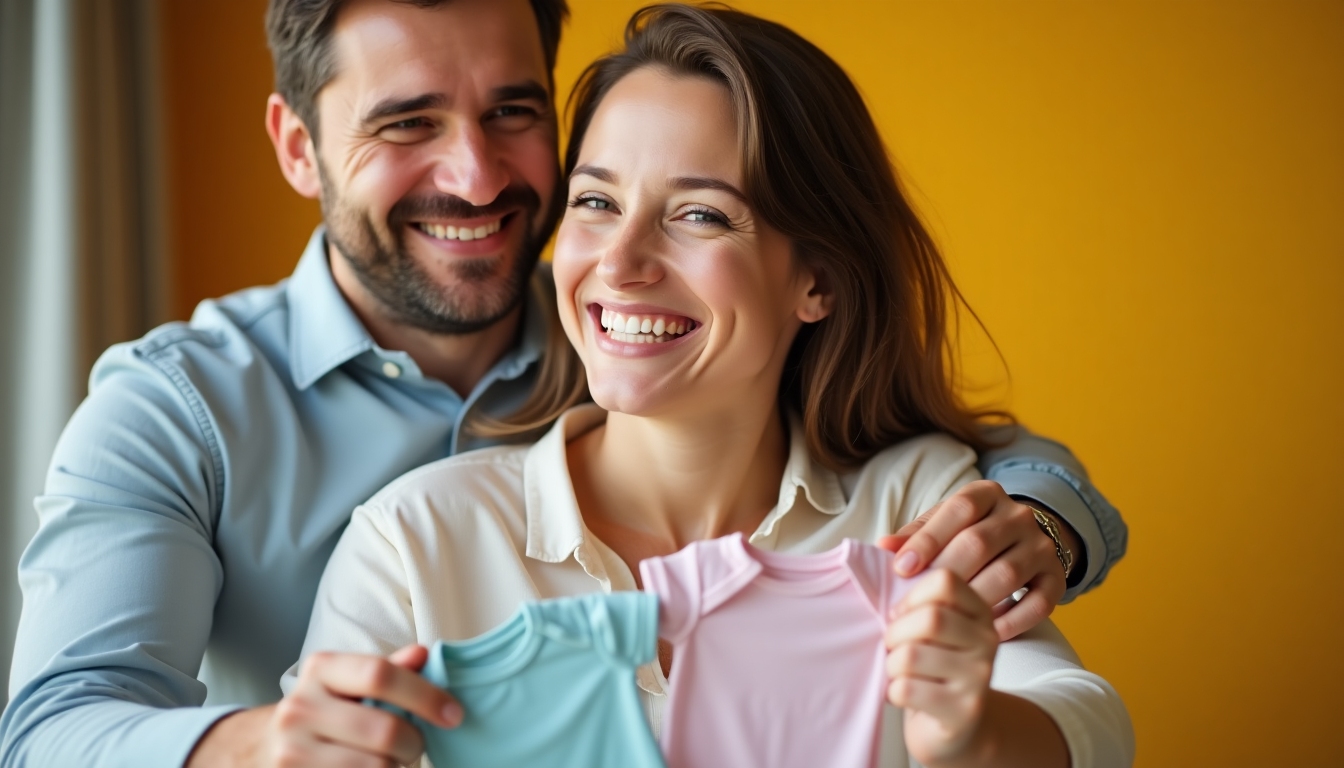 A woman sharing her happiness post-pregnancy with her partner, holding baby items.