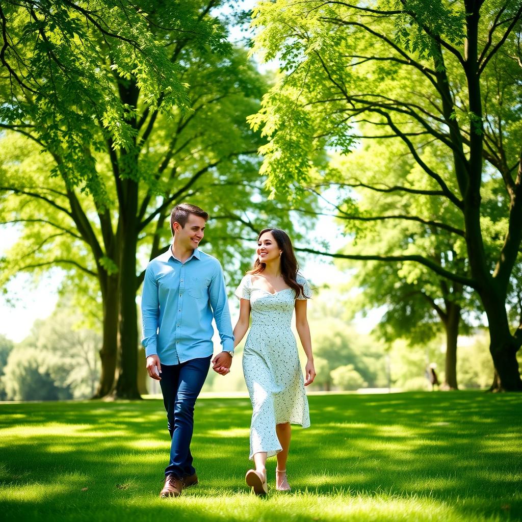 A couple walking hand-in-hand in a lush park, looking hopeful under a clear blue sky.