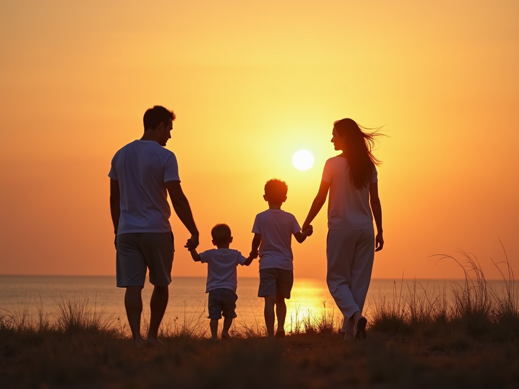 Silhouette of a family walking at sunset.