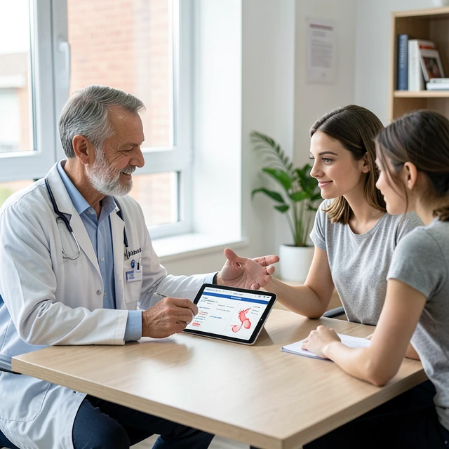 Doctor consulting a couple about male infertility diagnosis and options