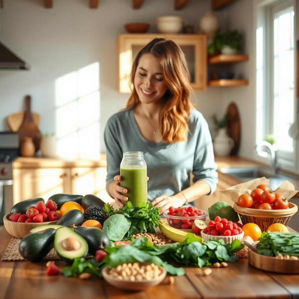 A woman prepares a fertility-friendly smoothie with fresh fruits and vegetables in a bright, cozy kitchen.