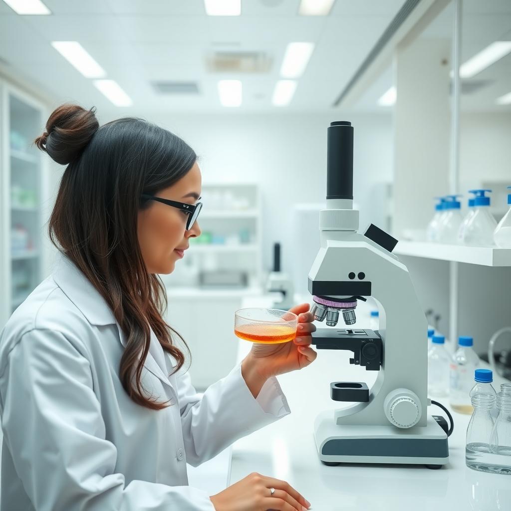A scientist works in a modern fertility lab, researching new solutions for infertility.