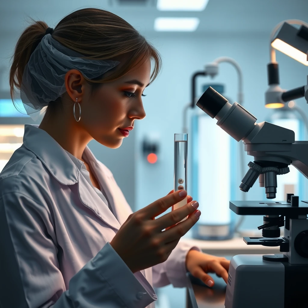 Embryologist performing embryo cryopreservation in a high-tech lab