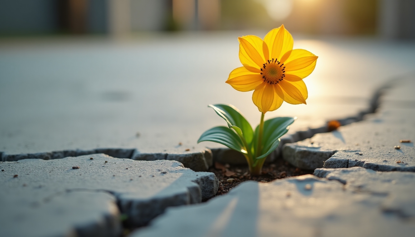 A flower pushing through concrete, representing strength and hope in tough times.