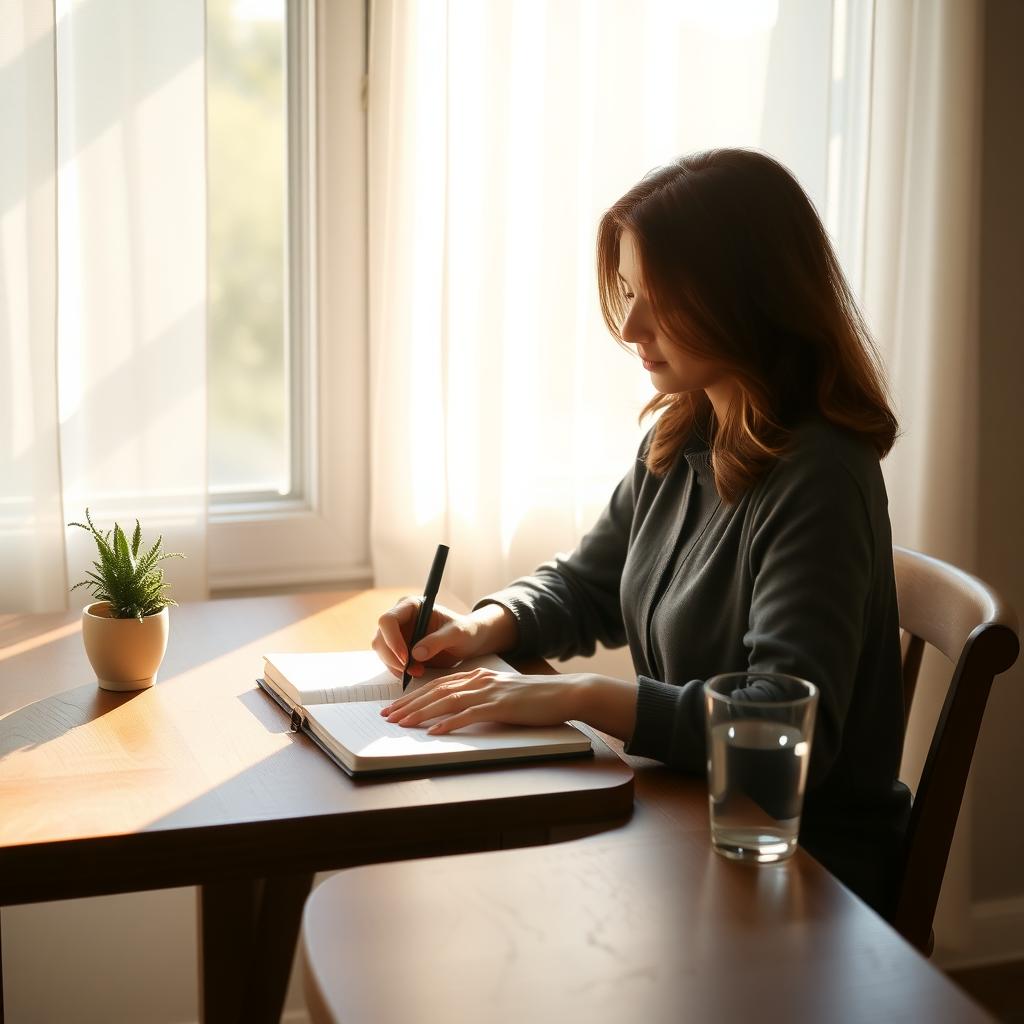 Woman journaling at a wooden desk with sunlight and a potted plant