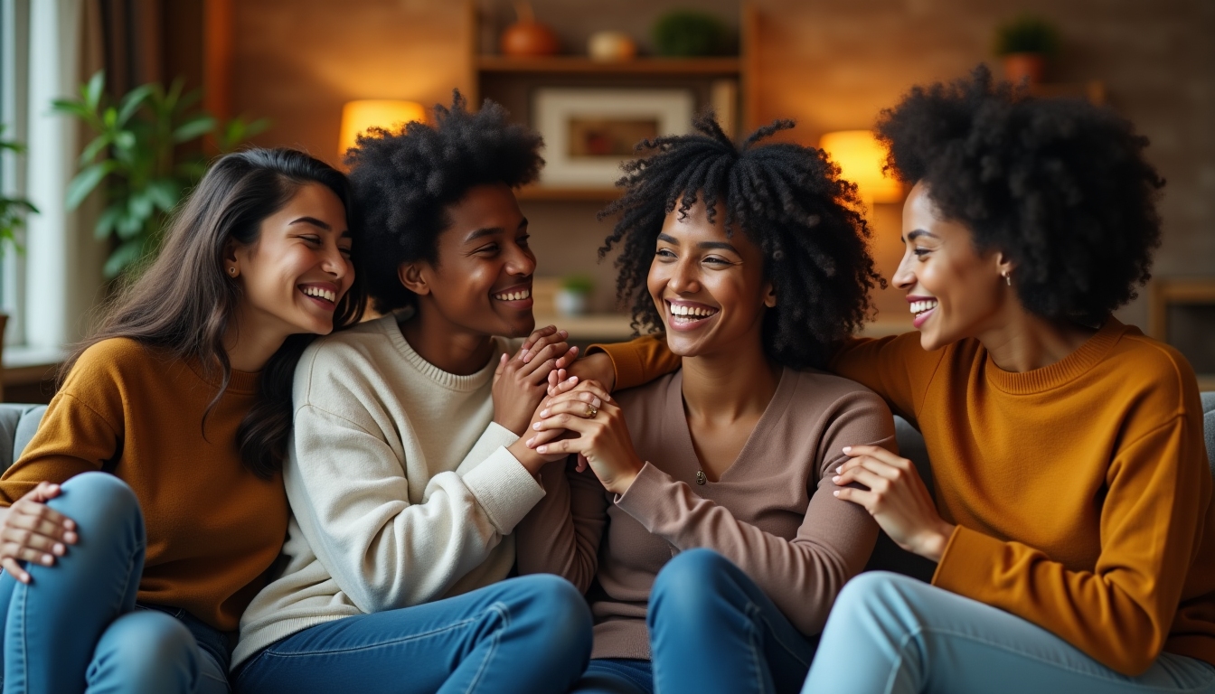 A small group of friends comforting each other in a living-room setting; they represent community support.