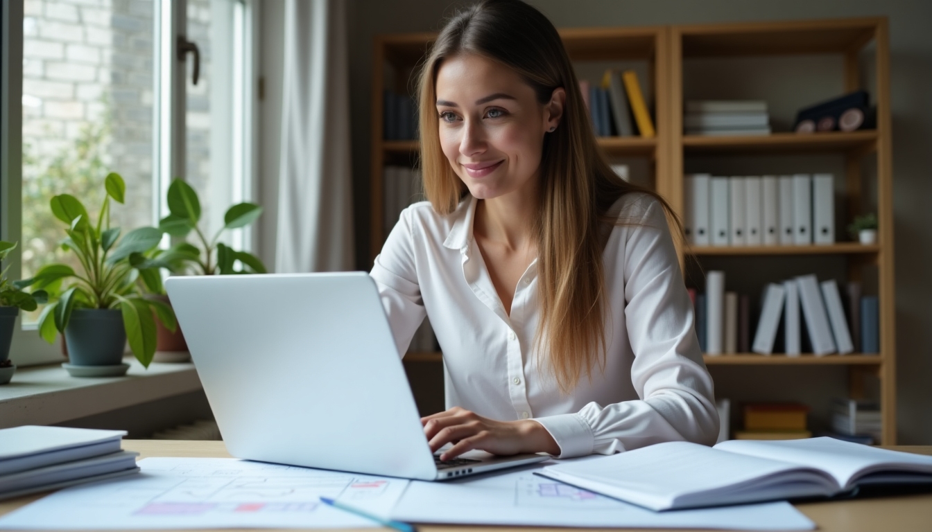 A woman reviewing IVF procedures on her laptop, seated at a desk with medical reports and notes.