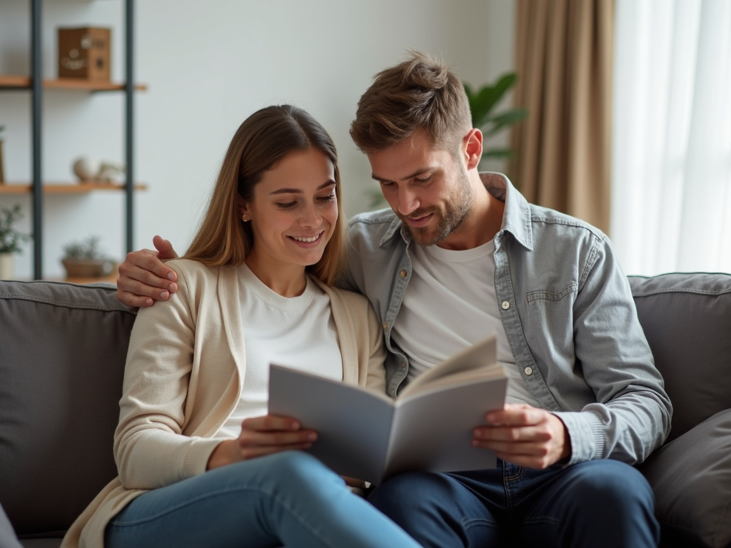 Couple researching fertility preservation options in a clinic waiting room.