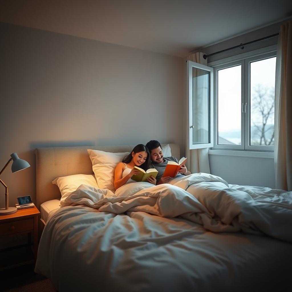 Cozy bedroom with a couple reading books
