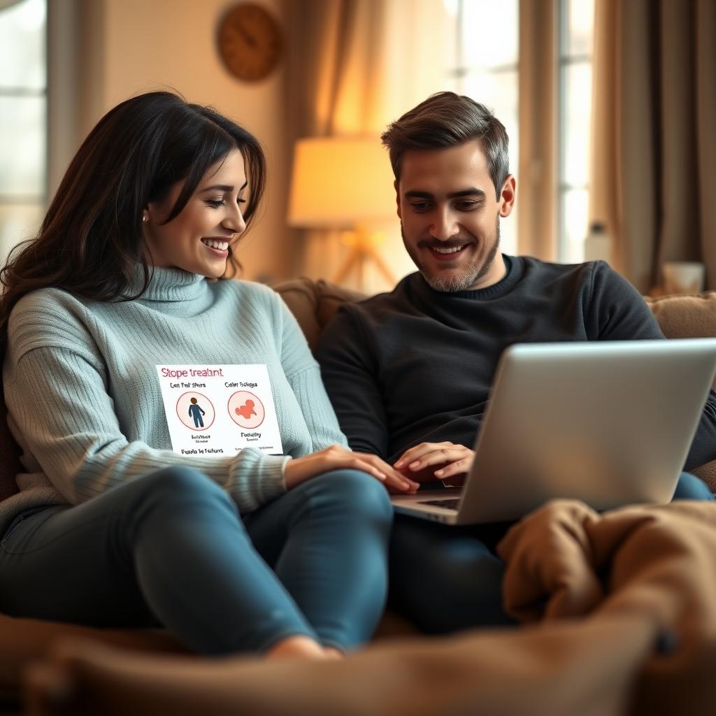 Couple researching fertility treatments on a laptop at home.