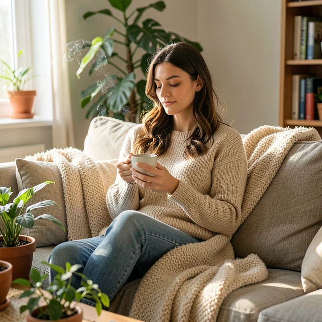 Woman finding calm with tea during infertility stress