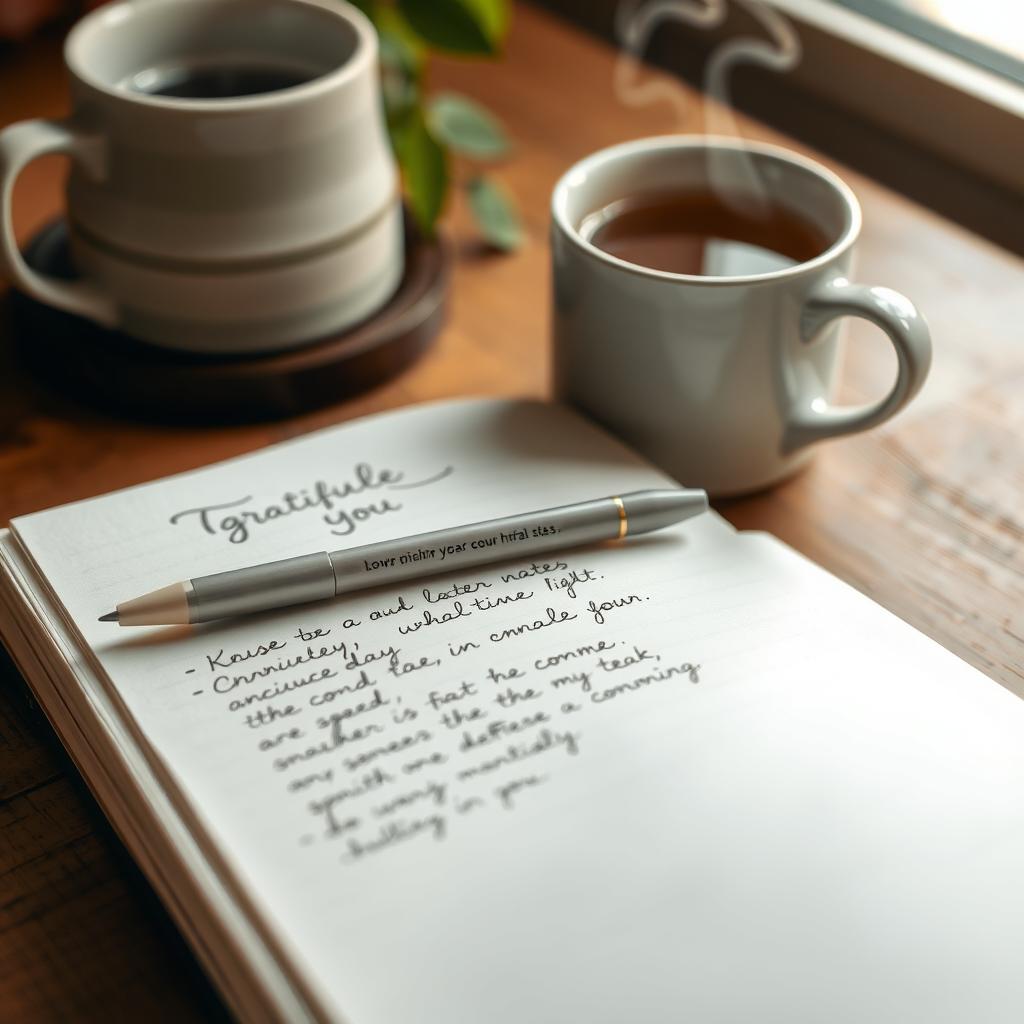 A journal with handwritten gratitude notes and a mug of tea on a wooden desk.