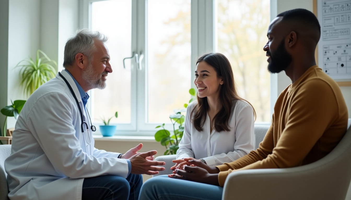 A consultation room with a fertility expert and couple discussing treatment plans.