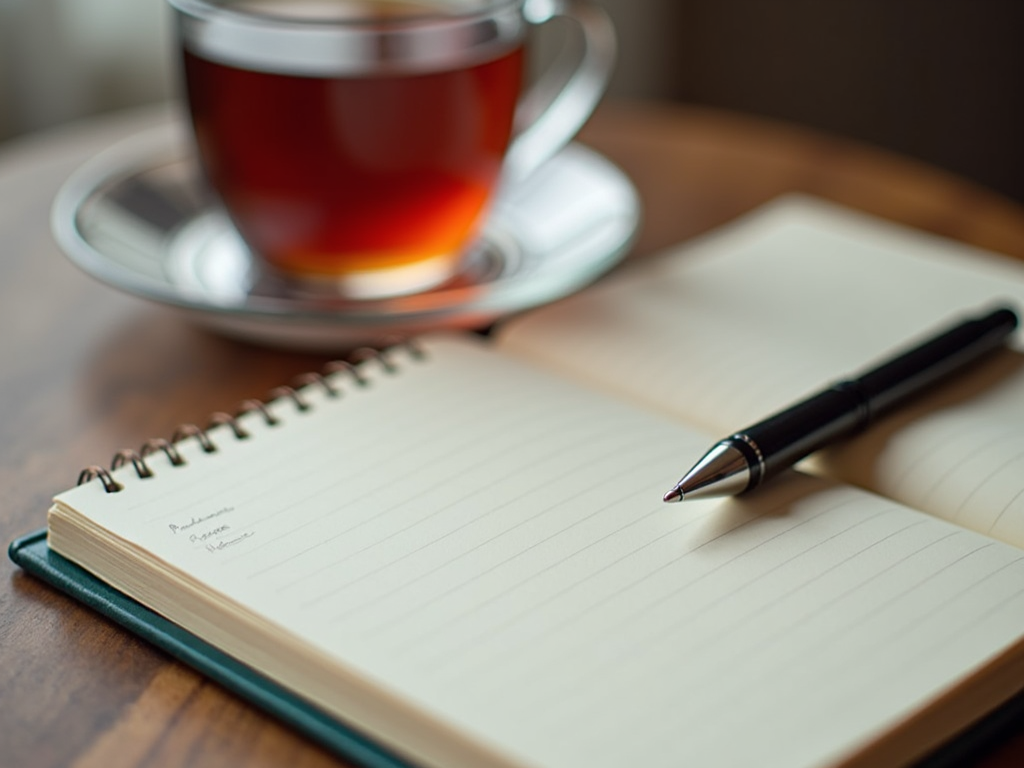 A journal and pen next to a warm cup of tea, inviting a moment of calm reflection.