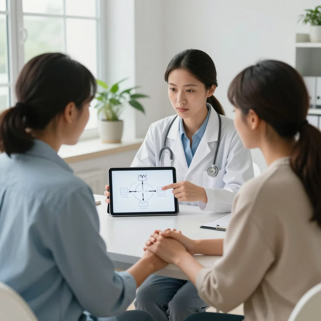 Couple consulting with fertility doctor about IVF steps